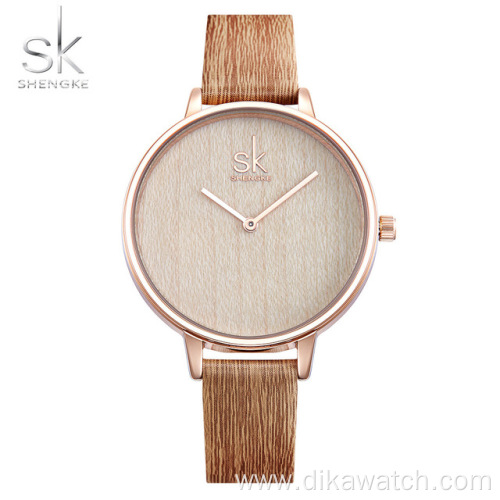 Shengke New Creative Women Watches Casual Fashion Wood Leather Watch Simple Female Quartz Wristwatch Relogio Feminino